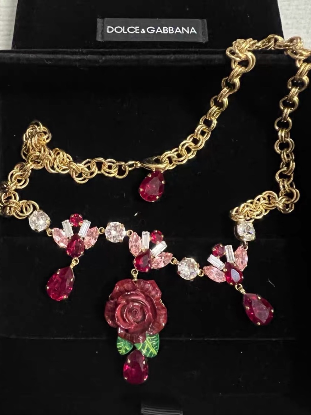 Dolce & Gabbana Gold-tone Necklace with Red Rose and Pink & Clear Crystals